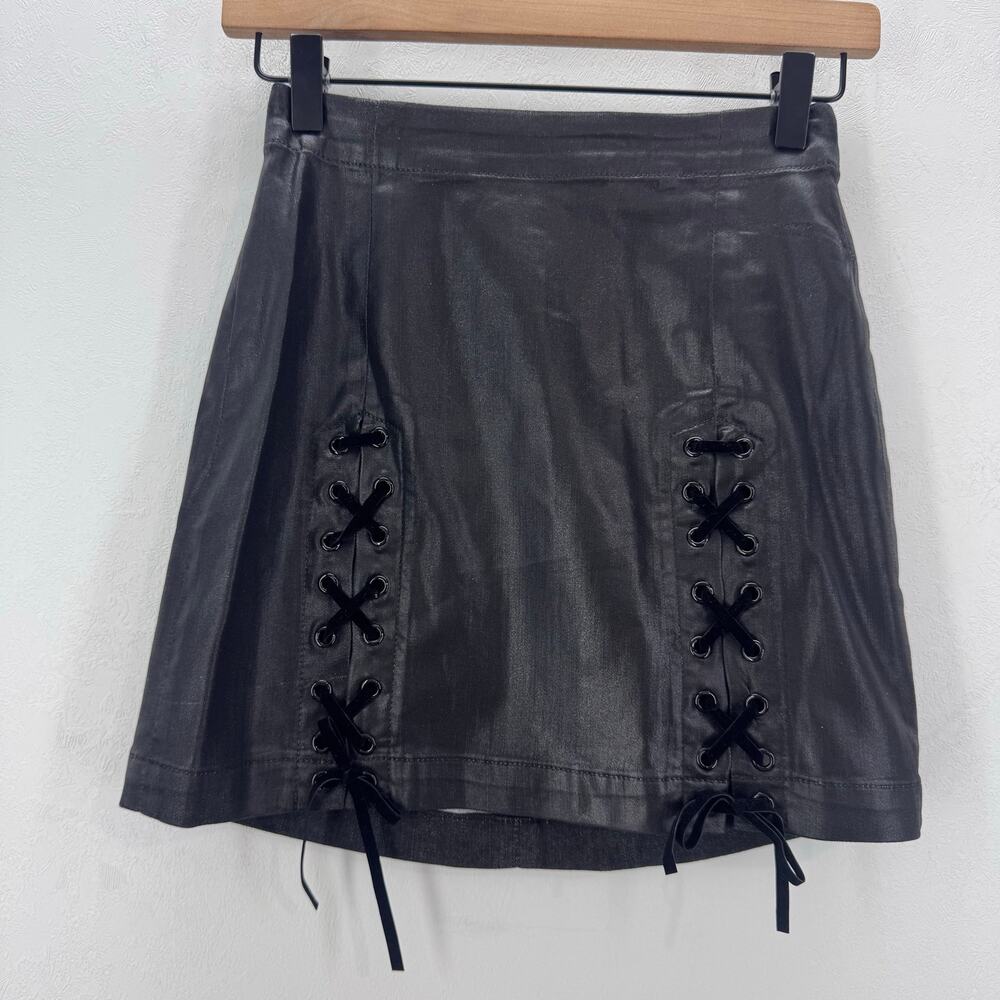 NWT Ramy Brook Ryder Lace Up Mini Skirt In Black Coated US 25 Festival Coquette